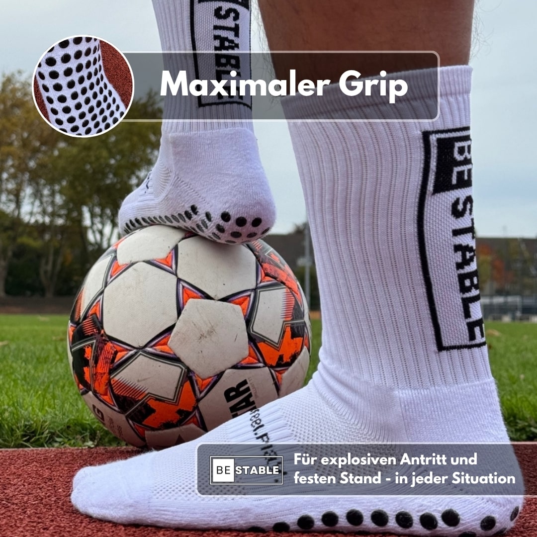 BeStable Gripsocks, rutschfeste Performance-Socken für Fußball und andere Sportarten, entwickelt für optimalen Halt und Stabilität auf dem Spielfeld. Hergestellt aus atmungsaktiven und hochwertigen Materialien für maximalen Komfort und perfekte Passform. Die Anti-Rutsch-Technologie sorgt für sicheren Stand und verbessert die Bewegungsperformance. Ideal für Kinder und Erwachsene, geeignet für Training und Wettkämpfe. Die BeStable Gripsocks sind langlebig, stylish und in verschiedenen Farben erhältlich